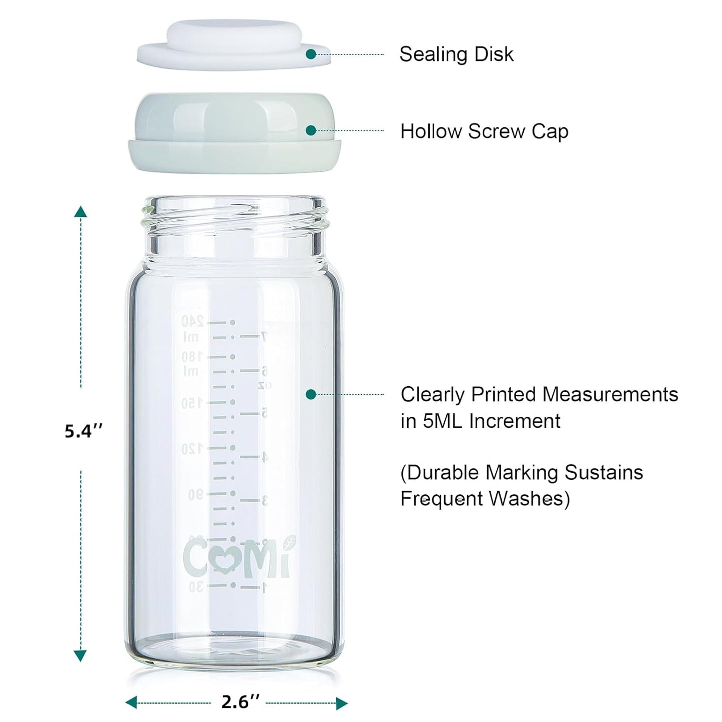 COMI Wide Neck Glass Breastmilk Collection n Storage Bottle, 4 Packs, 8oz with Screw Ring Sealing Disk; Re-markable Sealing Disc. BPA Free, Fits Breast Pumps & Nipples (2 Gray Lids + 2 Pink Lids)