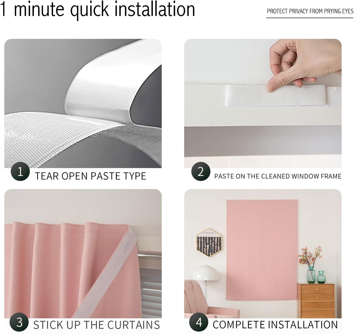 Self Adhesive Blackout Curtains- Stick on Curtains Shades Window Blinds Curtains No Rod Needed Easy to Hang Curtain, Use for Bedroom, Living Room,Roman Shades, 47" W X 71" L, Pink, 1 Panel