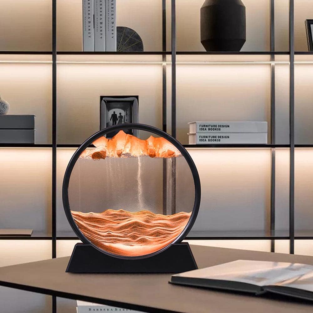 Moving Sand Art Picture,Liquid Motion 3D Sea Sandscape in Motion Display, Flowing Sand Frame Desktop Art Bookshelves Home Office Decoration (12 inch, Orange)