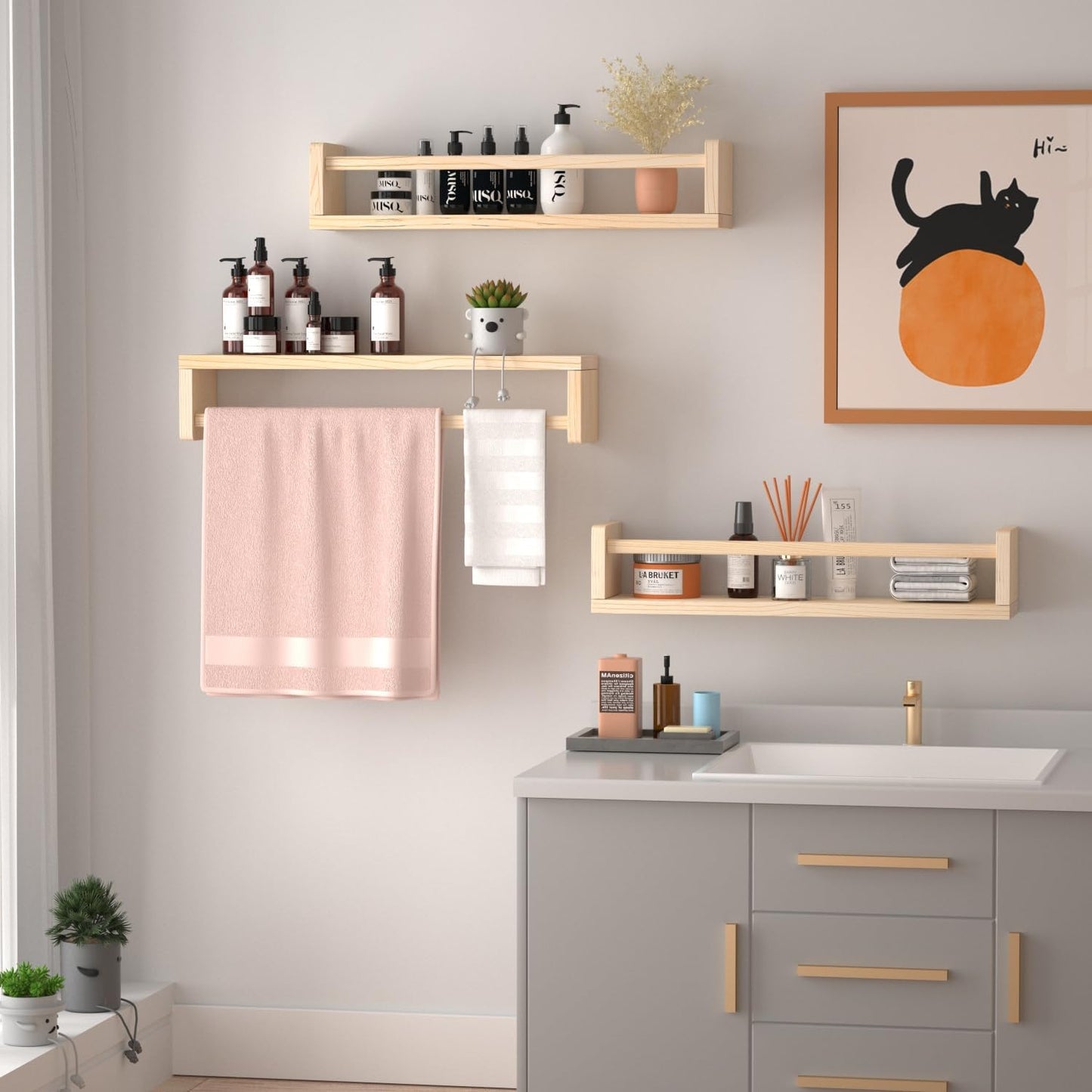 Nursery Floating Shelves for Kids Room, Set of 3 Wall Book Shelves for Kitchen Living Room, Book Shelf Wall Mounted for Baby Kids Bedoom Bathroom (Nature, 24inch Set 3)