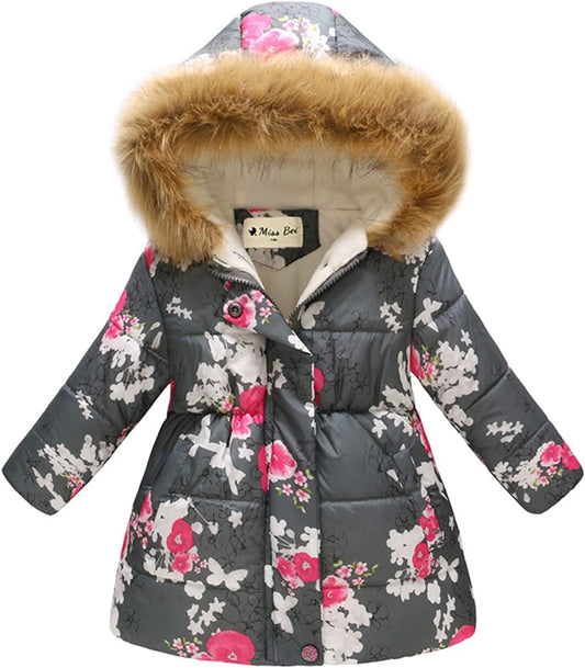 Miss Bei Girl's Winter Coat Jacket Hooded Kids Toddler Flower Print Parka Outwear Warm Cotton Puffer Hooded Jacket