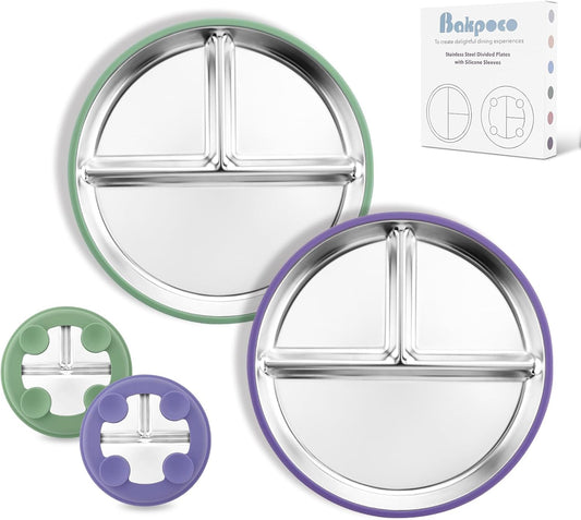 Stainless Steel Toddler Plate with Suction, 8” Divided Plates with Removable Silicone Sleeves for Baby, Non Toxic & BPA Free | Non Slip | Unbreakable Kids Snack Dishes Set of 2, Green & Purple