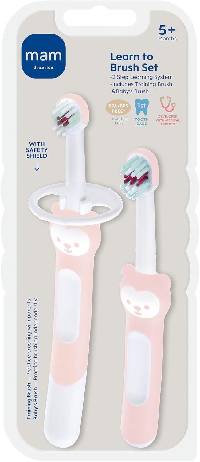 MAM Learn to Brush Set (1 Baby's Brush Toothbrush, 1 Training Brush, 1 Safety Shield), Baby Toothbrushes with Brushy The Bear, Interactive App, for Girls 5+ Months, Blue