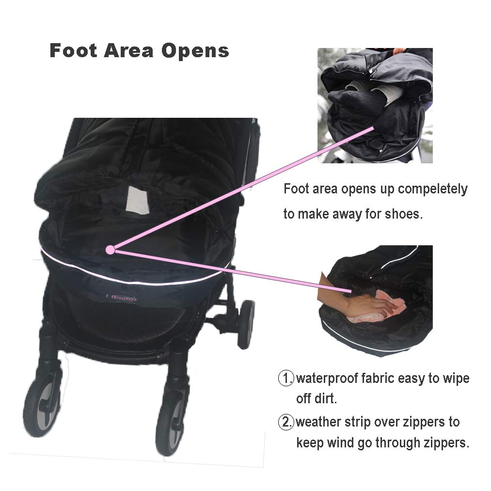 German Designed Universal Stroller Footmuff, 2 Way Zippers Style Easy for Baby in&Out, Length Extensible,Temperature Adjustable Footmuff Fits Baby Growth,Reflective Strips Around Bunting Bag