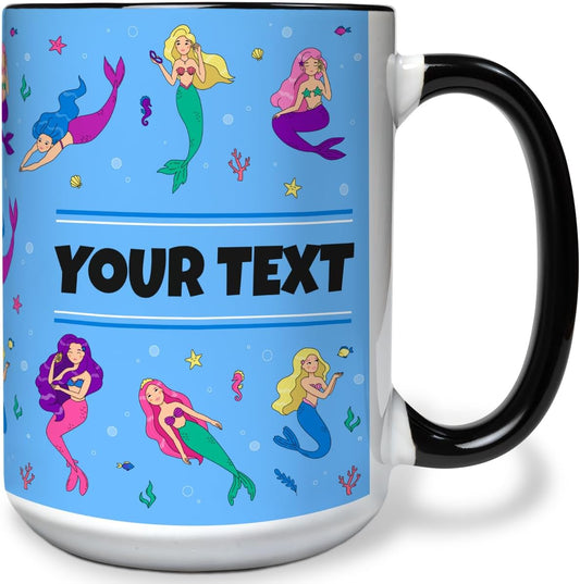 Personalized Mug for Kids - Mermaids - Custom Name/Text, Ceramic Hot Chocolate/Cocoa/Coffee Cup for Girls, Birthday/Christmas/Holiday Gift - 15 oz, Black Handle