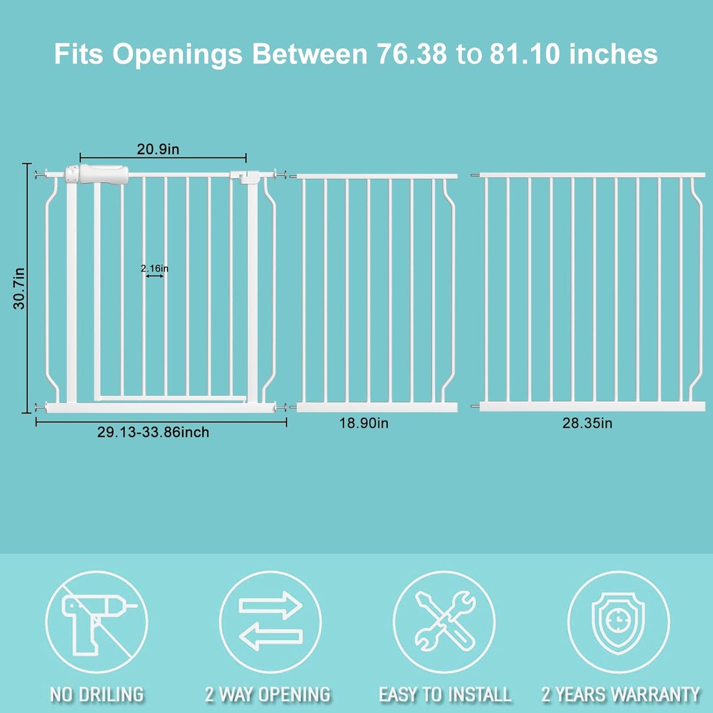 WAOWAO Baby Gate 76.38-81.07" Extra Wide Pressure Mounted Walk Through Swing Auto Close Safety White Metal Toddler Kids Child Dog Pet Puppy for Stairs,Doorways,Kitchen