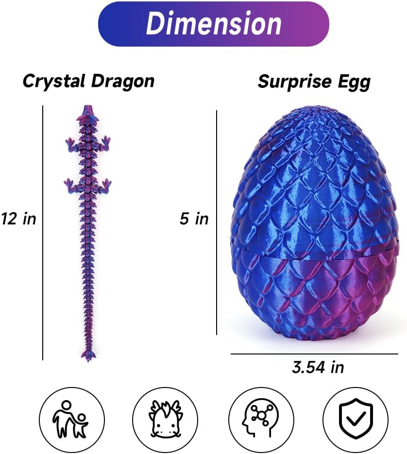 3D Printed Dragon Egg, Mystery Crystal Dragon Egg Fidget Toys Surprise, Articulated Crystal Dragon Eggs with Dragon Inside(Laser Purple)