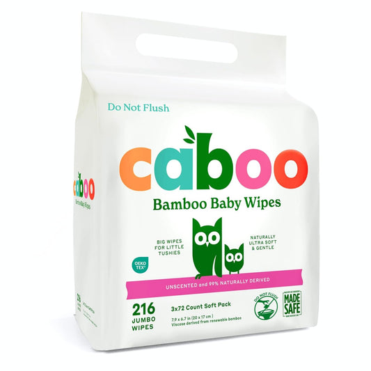 Caboo Baby Wipes, Made with Bamboo Viscose, Certified Made Safe Ingredients, Unscented Baby Wipes Good for Sensitive Skin, 72 Wipes Per Travel Pack, Total of 216 Wet Wipes