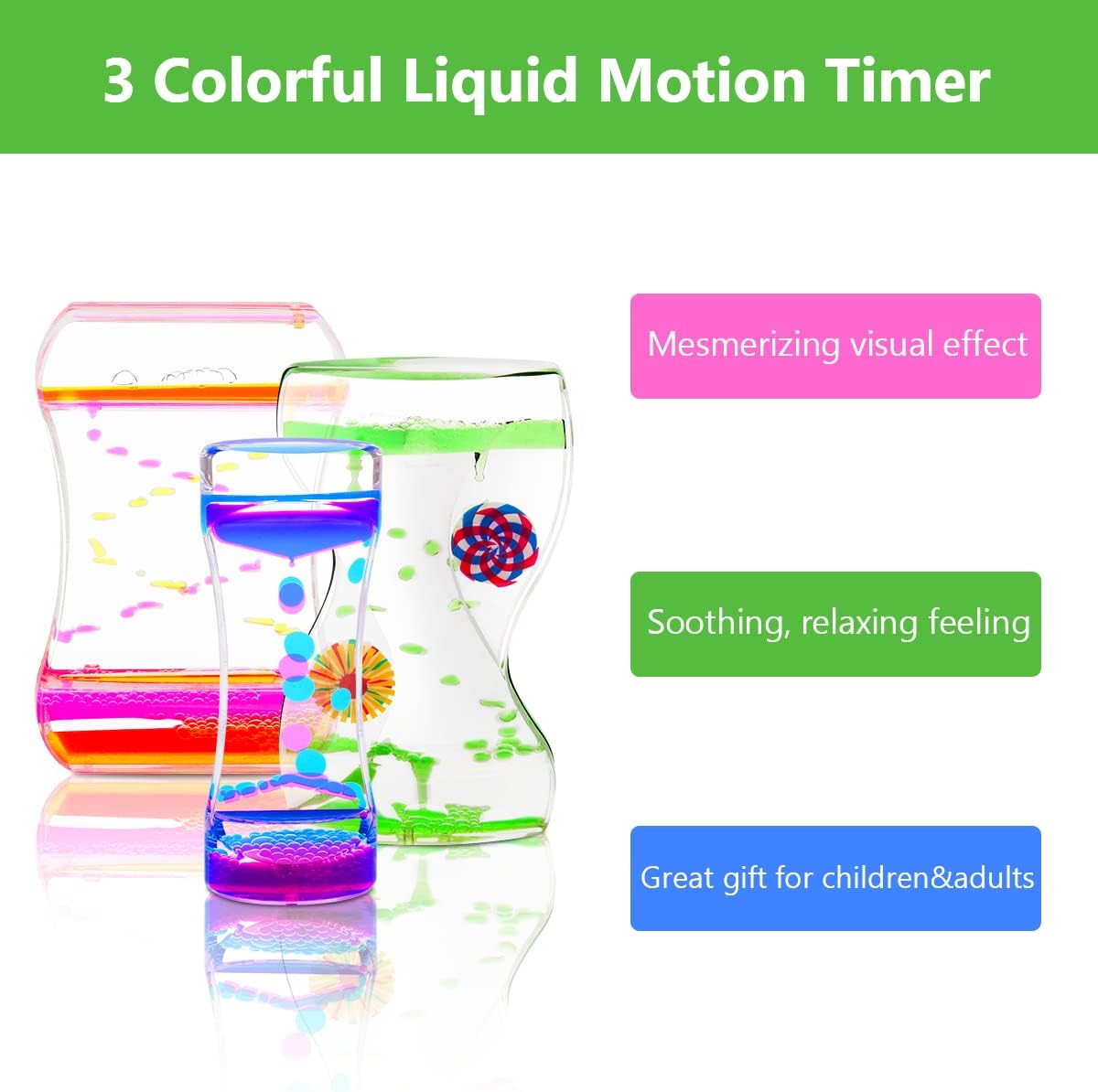 Coitak Liquid Motion Bubbler Timer for Sensory Play, Fidget Toy, Desk Top, 3 Pack, Assorted Colors (Style-1)