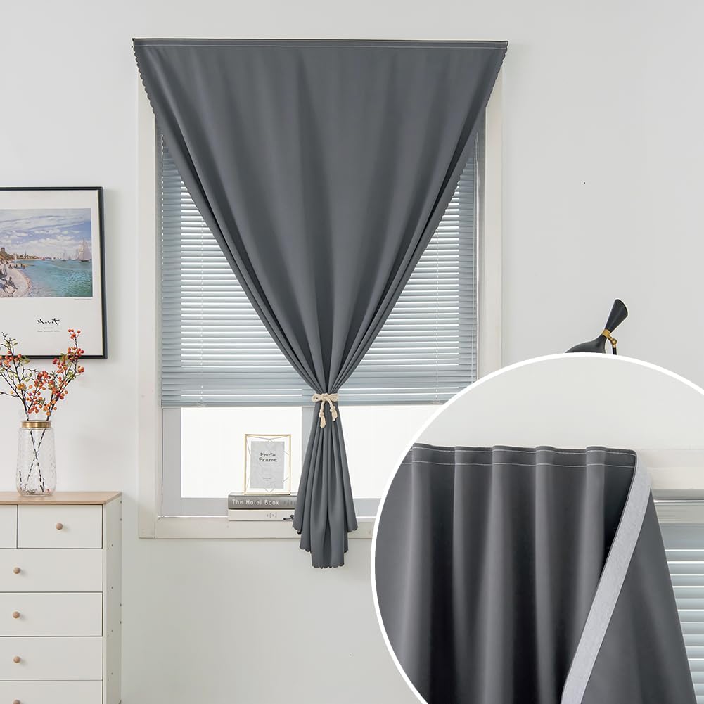 Magic Tape Stick On Curtains Window Shades Pull Down Blackout Window Cover Blackout Curtains for Bedroom No Drillng Self Adhesive Curtains No Rod Small Curtain, 47" W X 71" L, Grey, 1 Panel