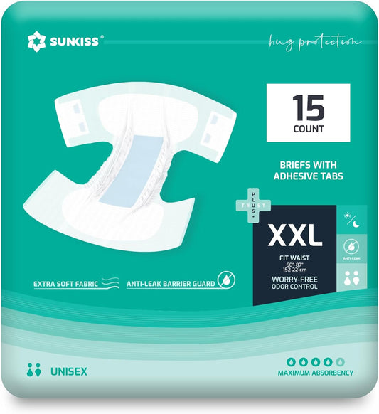 SUNKISS TrustPlus Adult Diapers with Maximum Absorbency, Disposable Incontinence Briefs with Tabs for Men and Women, Odor Control, XXLarge, 15 Count