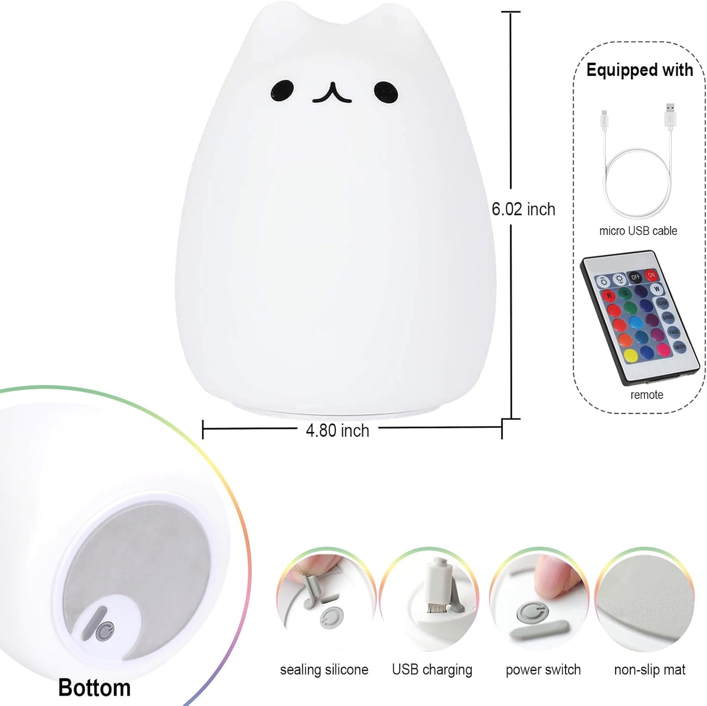 Cat Lamp, Cute Kitty Night Light with Remote Control, Christmas Gifts for Girls Boys Teens, Rechargeable Kids Night Light for Bedroom, Silicone Kawaii Kitty Baby Nursery Nightlight Lamp