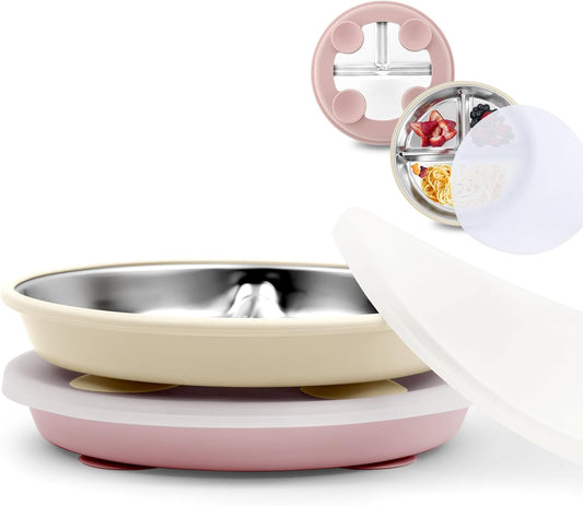 Stainless Steel Toddler Suction Plate with Lid, Deeper 9" Divided Plates with Removable Silicone Sleeves for Kids, Non Toxic & BPA Free | Unbreakable Baby Snack Dishes Set of 2,Pink & Beige