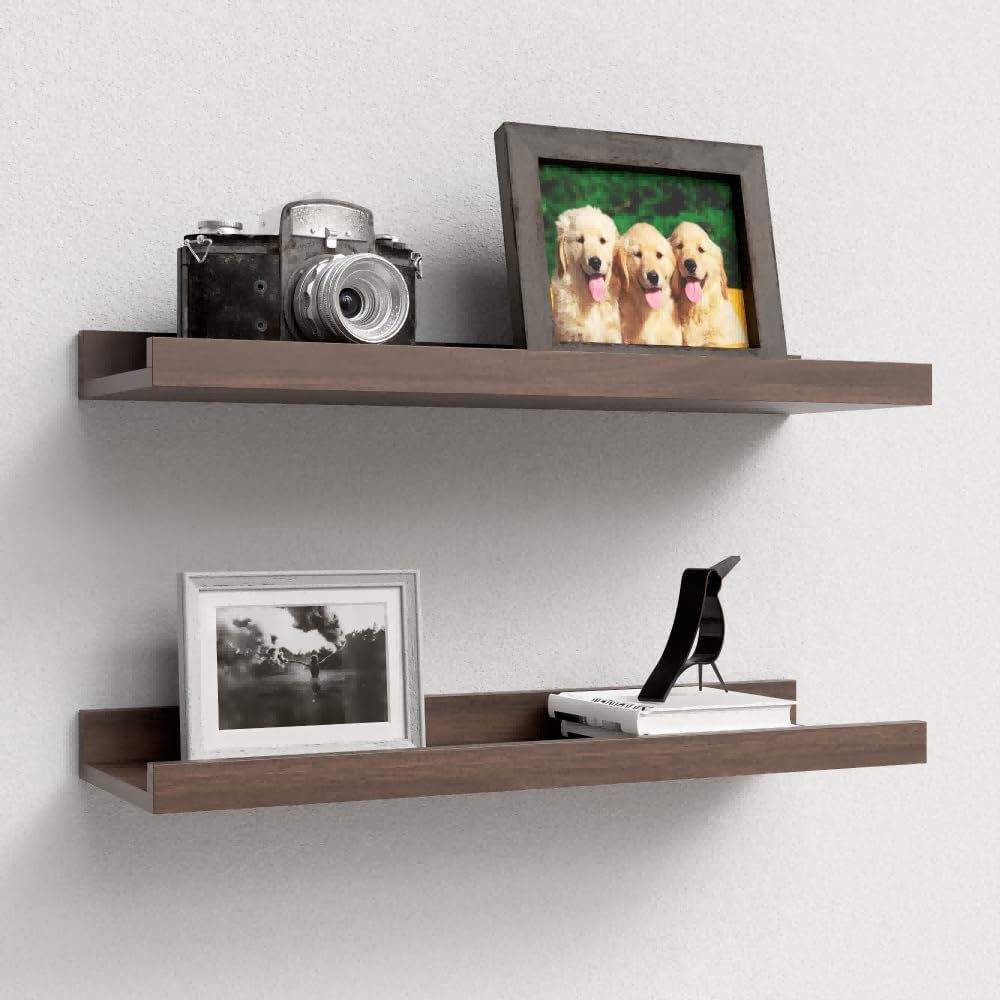 Floating Shelves Wall Mounted Set of 2, Farmhouse Wall Shelves for Storage with Lip, Display Picture Ledge Shelf for Wall Decor Bedroom Living Room Bathroom Kitchen - Walnut