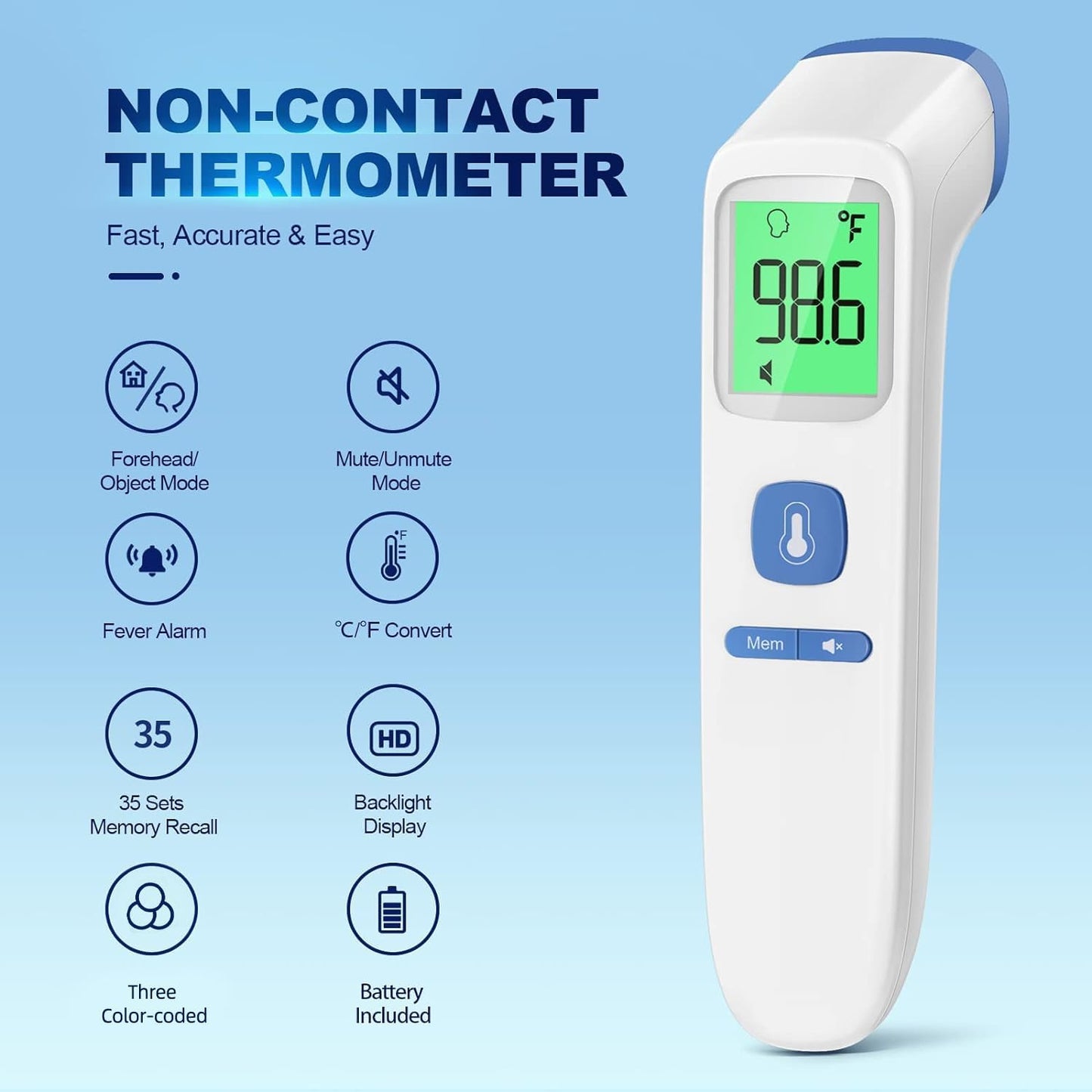 Thermometer for Adults and Kids, Digital Forehead Thermometer with Fever Alarm, Silent Mode & 35-Set Memory, Object 2 in 1 Mode