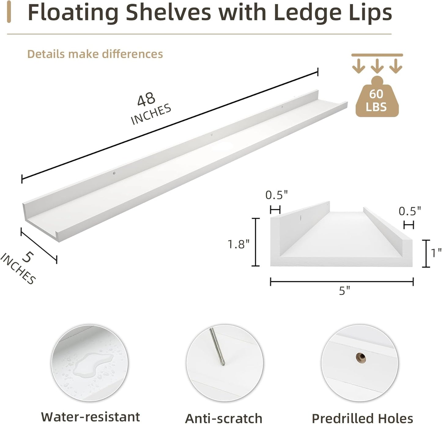 Picture Ledge Shelf, Wood Long Floating Shelves for Wall, Set of 2, 48 inch Picture Ledge Shelves, Photo Ledge Nursery Book Shelves Wall Mounted for Living Room Kids' Room Bedroom, Color White