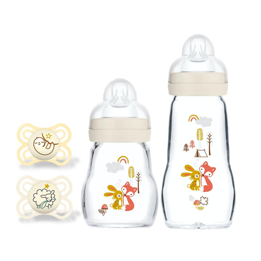 MAM Feel Good Glass Baby Bottle and Pacifier Bundle, Unisex, Slow Flow and Medium Flow, Premium 5oz and 9oz Glass, Easy Switch Between Breast to Bottle, MAM Perfect Night Pacifier 0+ Months, Glows in