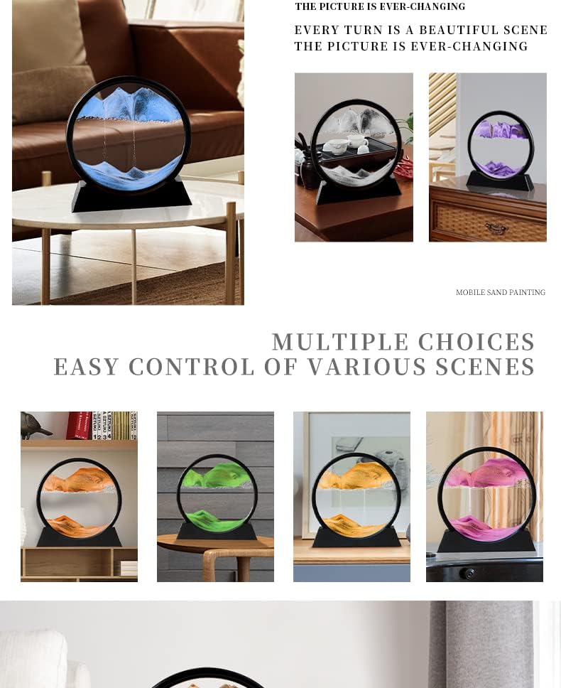 Moving Sand Art Picture 3D Deep Sea Sandscapes Sand Art Liquid Motion Bubbler Timer for Adult Kid Desktop Art Toys for Home Decor and Office(Round+Gold+7In)