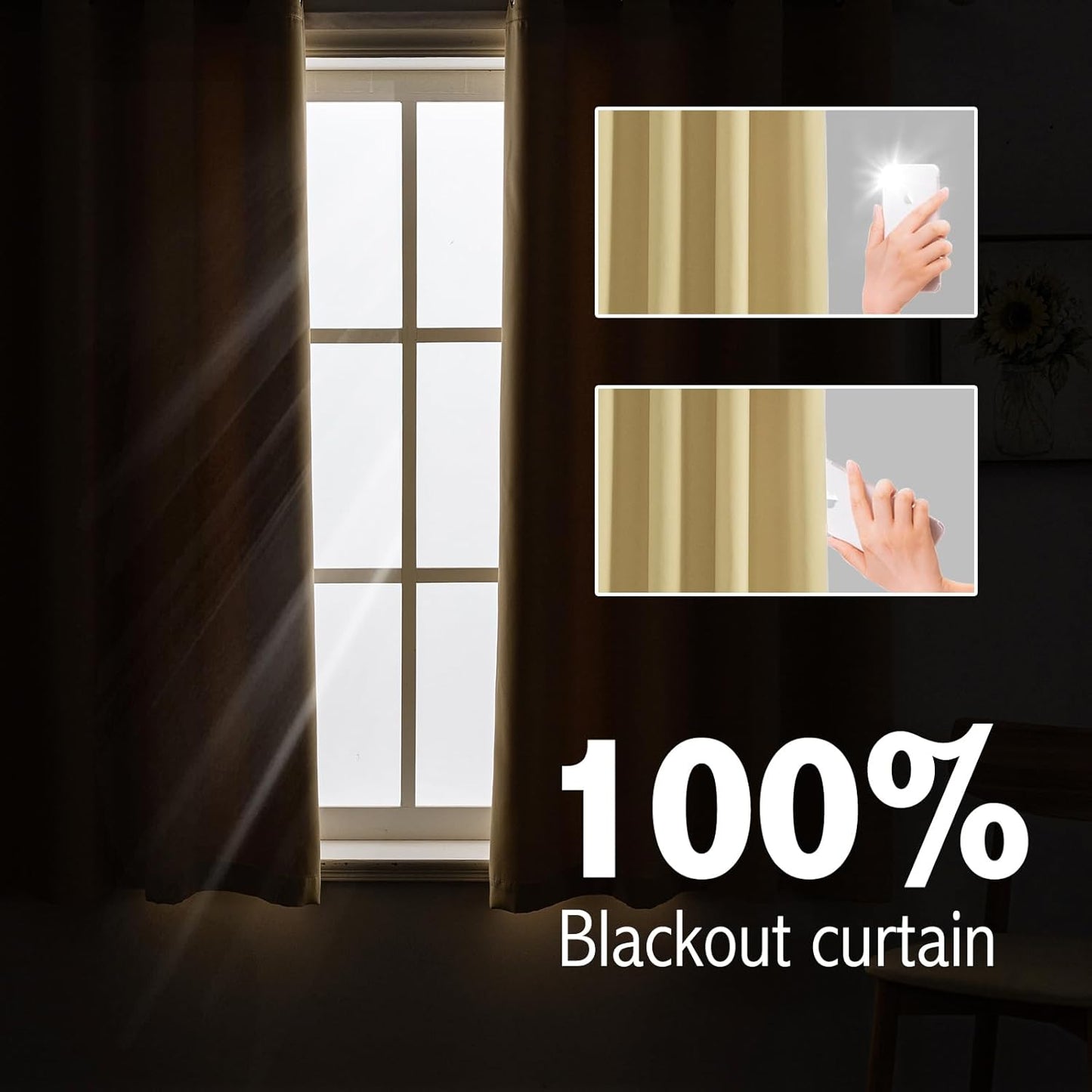 Anytime 100% Blackout Curtain Set, Thermal Insulated & Energy Efficiency Window Draperies for Guest Room, Full Shading Panels for Shift Worker and Light Sleepers（Beige, 2 Panels, 52W x 45L）