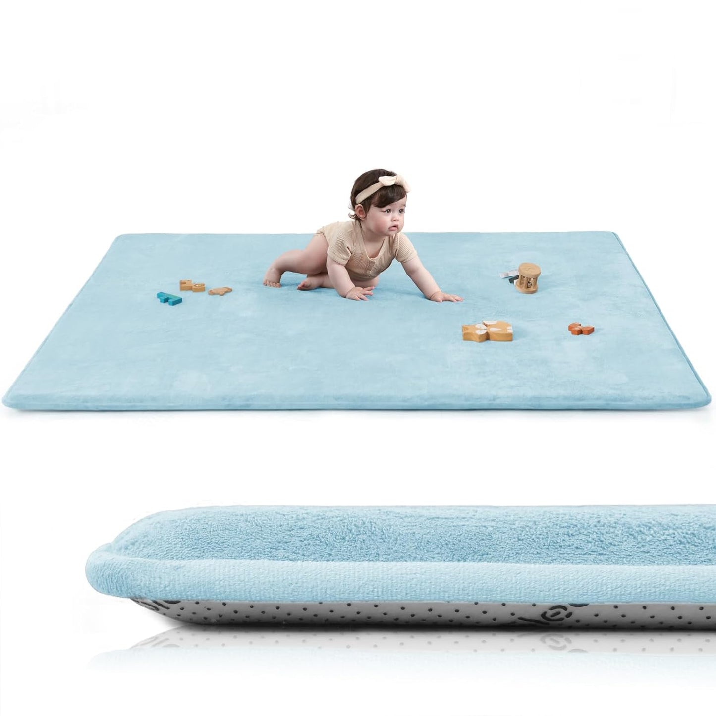 Baby Play Mat for Floor,1.3" Thick Elasti-Foam 50"×74" Playpen Mat for Tummy Time,Water Repellent Soft Coral Velvet for Toddler,Infant,Kids,Non-Slip Backing Safe for Crawling(Light Blue)