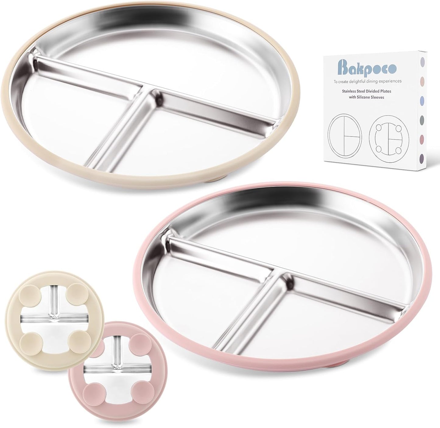 Stainless Steel Baby Plate with Suction, 9” Divided Toddler Plates with Removable Silicone Sleeves for Kids, Non-Toxic Non-Slip Unbreakable Dishwasher Safe Dinnerware Set of 2, Pink & Beige
