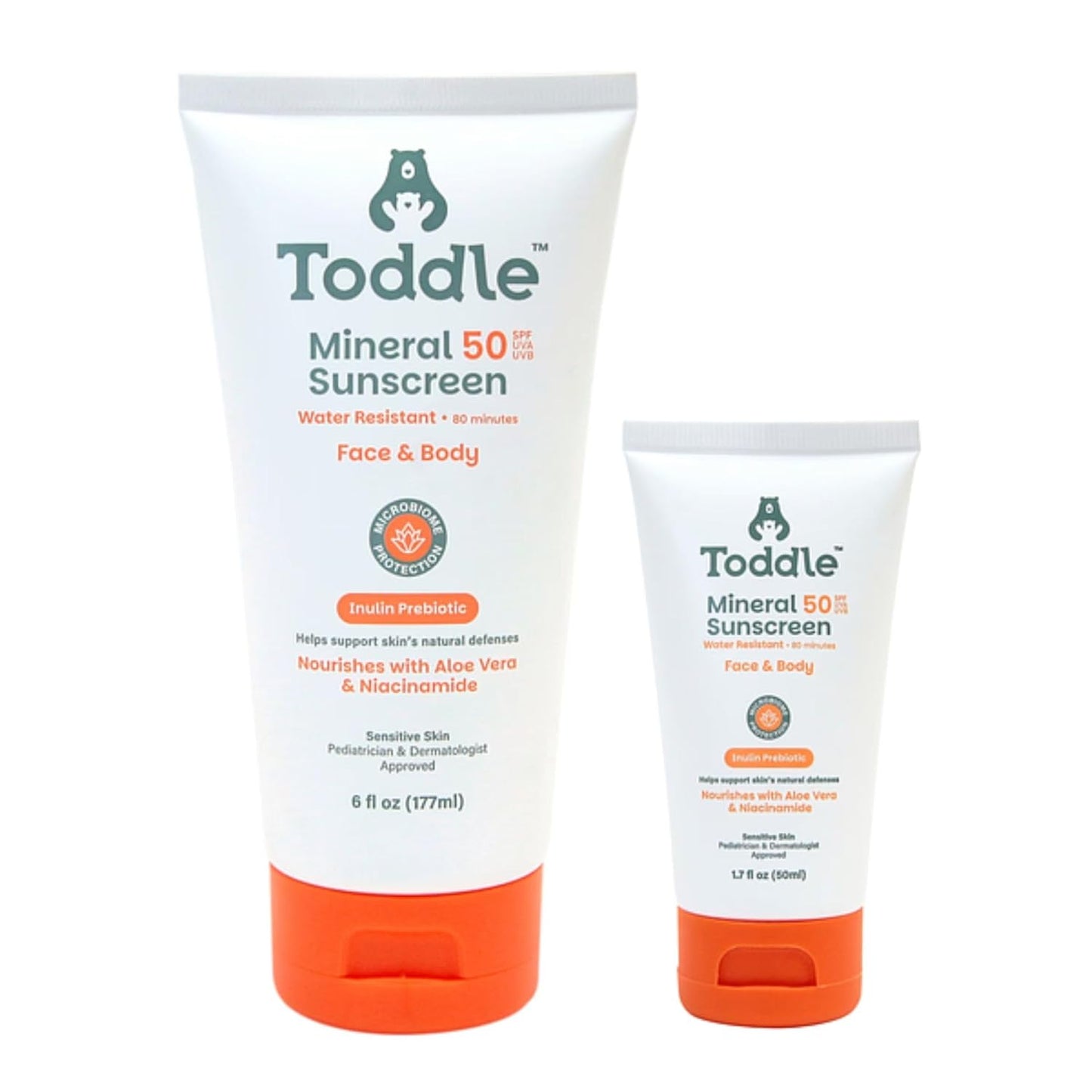 Prebiotic Mineral Sunscreen SPF 50 for Kids & Baby, Face & Body Sun Protection, Reef Safe, Non-Toxic Zinc Oxide Broad Spectrum, Water-Resistant, No White Cast, Travel Size 1.7oz & 6oz Bundle