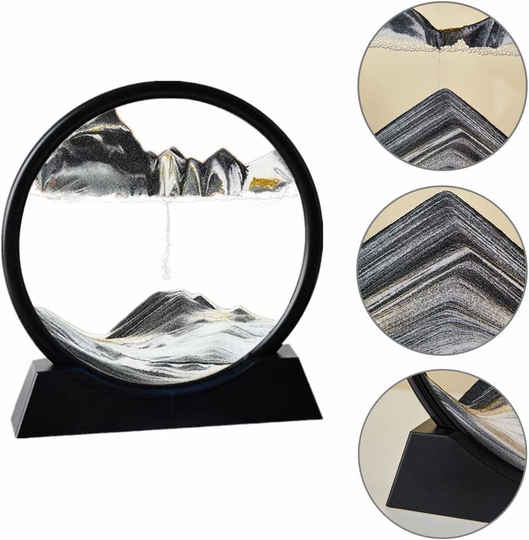 Moving Sand Art Picture in Motion Round Glass 3D Deep Sea Landscape, Dynamic Sand Art Sandscapes, Sensory Relaxing Desktop Table Decor Desk Decor Art Desk (12 inch, Black)