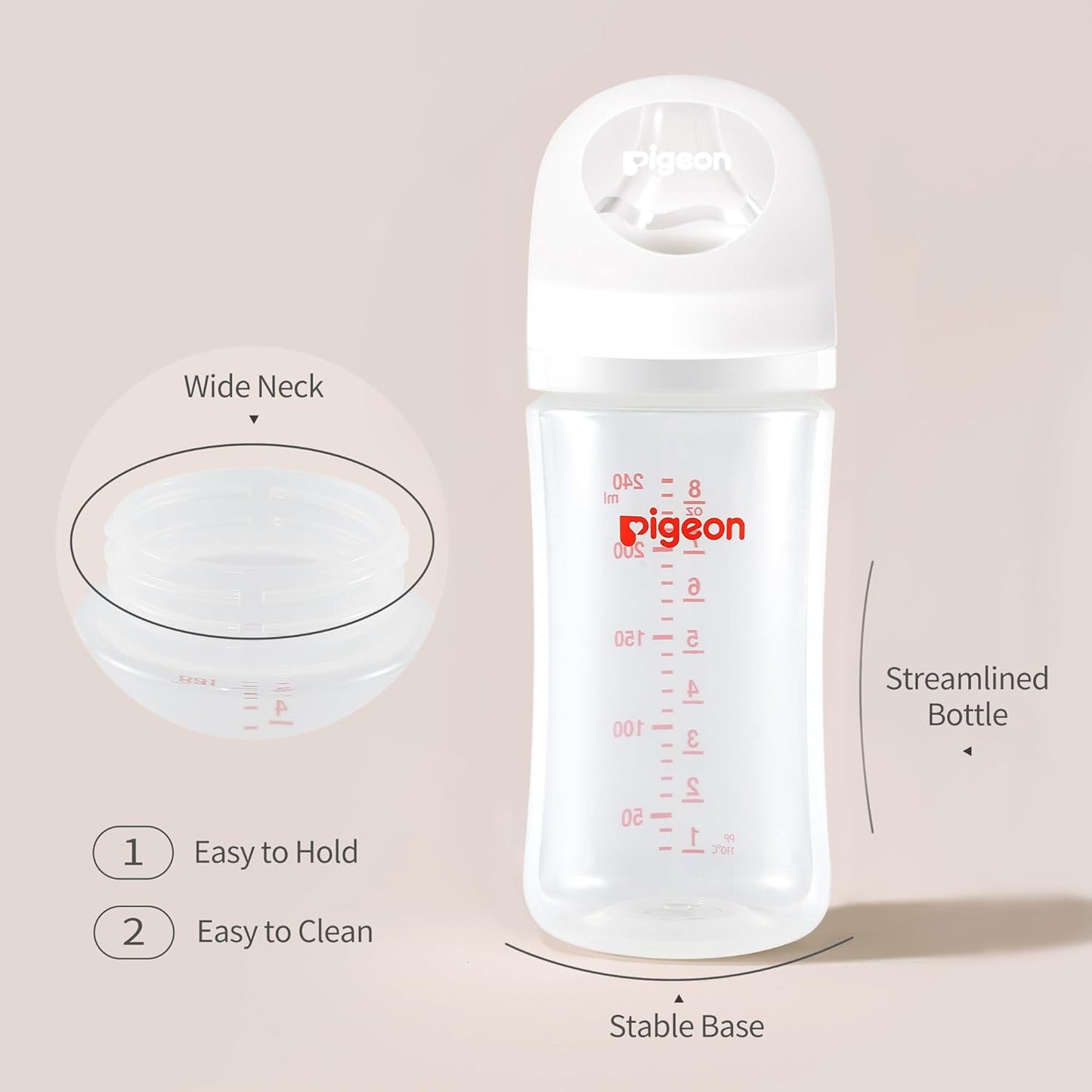 Pigeon PP Nursing Bottle Wide Neck, Anti-Colic, Streamlined Body, Natural Feel, Easy to Clean, 8.1 Oz(Pack of 4), Includes 4pcs M Nipples (3m+)
