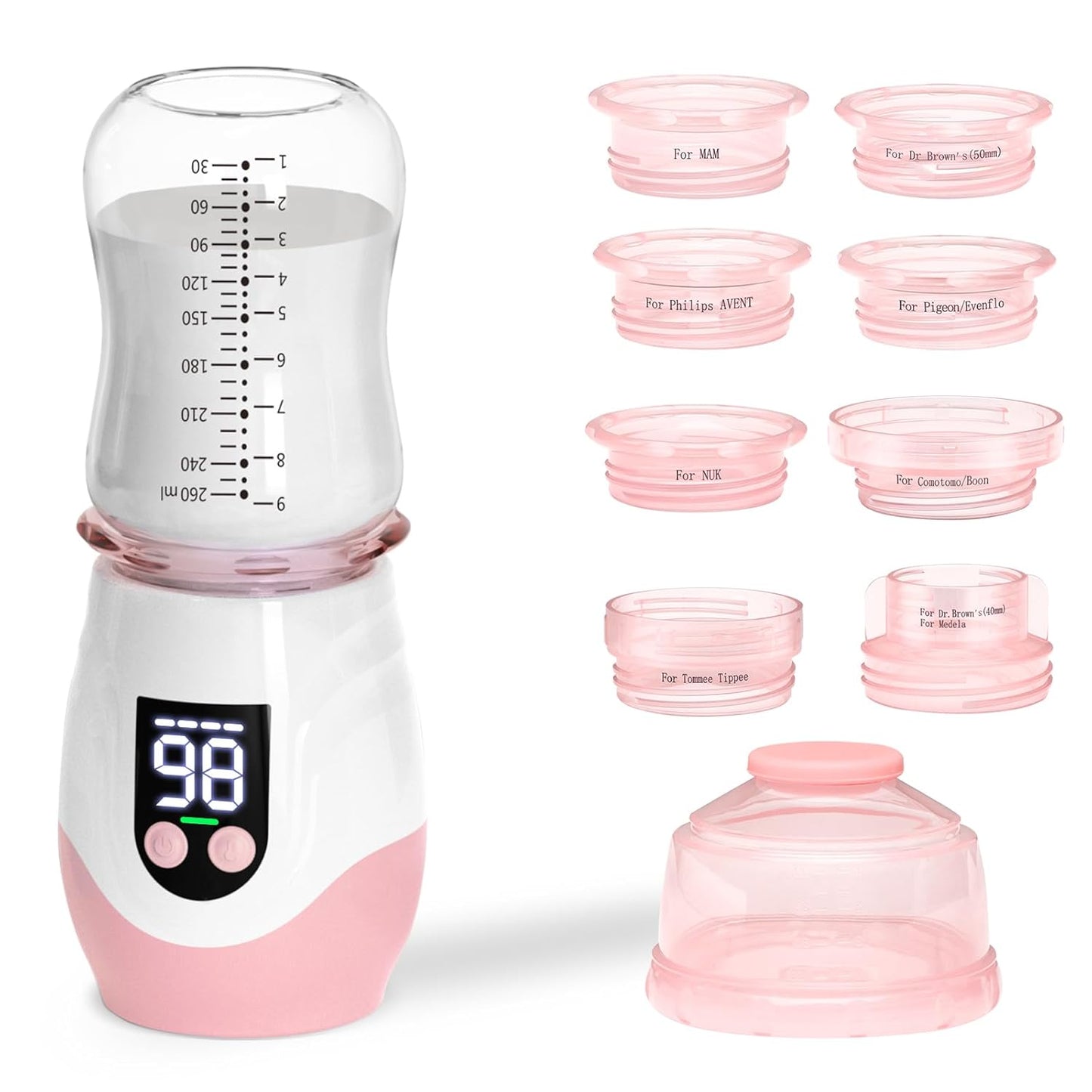 Portable Cordless Baby Bottle Warmer for Travel, Rechargeable with 8 Adapters & 1 Milk Powder Container, Safe Material, Fast Heating, Compatible with Major Brands,Pink
