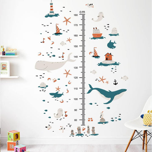 3D Cartoon Height Growth Chart for Kids Wall Decal Removable DIY Whale Ocean Animal Wall Decal Peel and Stick Sailing House Art Decor for Kids Nursery Bedroom Living Room Bathroom Decor