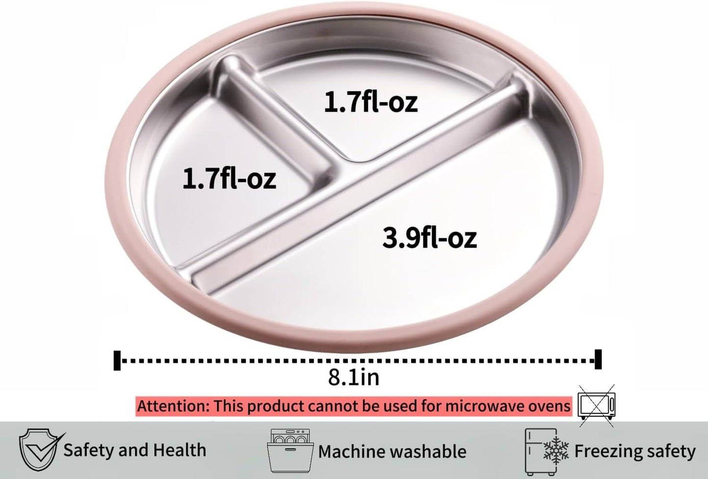 3Pack Stainless Steel Kids Plates, 8.1" Divided Toddler Plates with Removable Silicone Suction Sleeves for Baby Highchairs, Non Toxic BPA Free Non-Slip Unbreakable Snack Lunch Plate