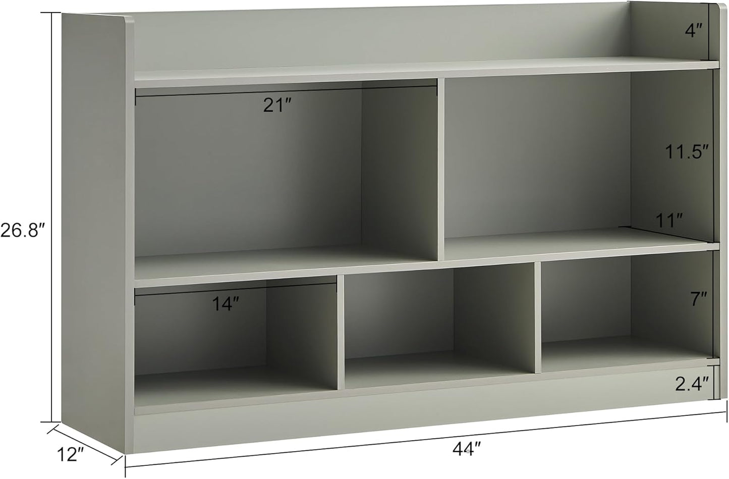 Kids Toy Storage Organizer, 5-Section Bookshelf for Organizing Books Toys, Wooden Storage Cabinet Daycare Furniture for School, Classroom Playroom, Nursery, Kindergarten (Grey)