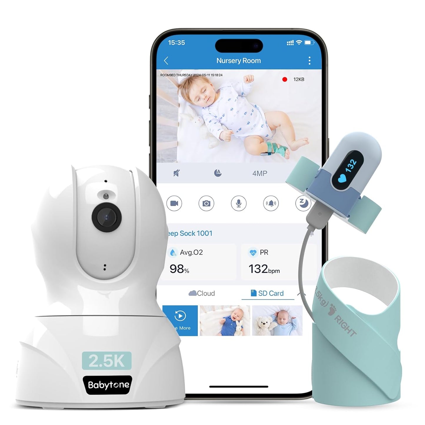 Babytone Baby Monitor - Smart Sleep Sock & 2.5K HD Camera, Track Heart Rate & Average Oxygen Level, Cry/Motion Detect, Two-Way Audio and Night Vision Baby Monitor with APP