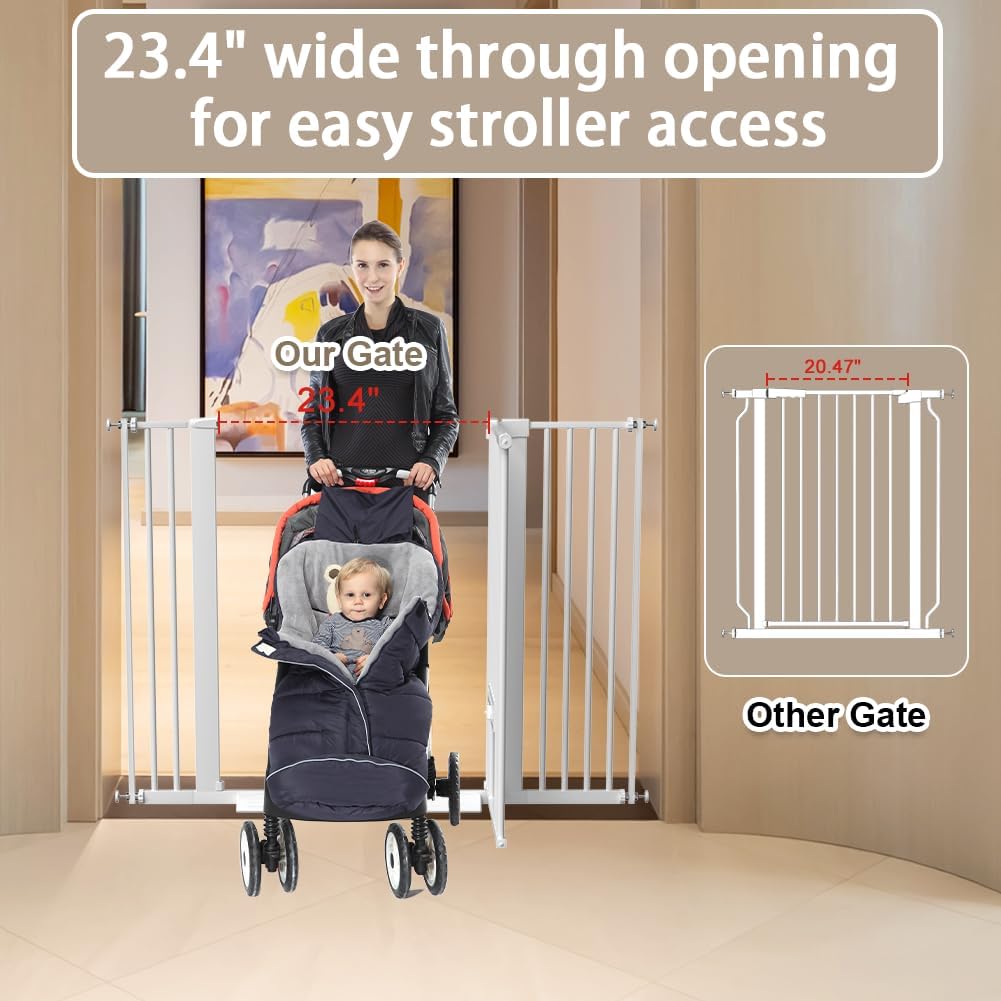 40.55" Tall 1.37" Ultra Narrow Spacing 30.12-34.06" Dogs Pets Baby Gate with Cat Door for Doorway Safety Proof Indoor Extra Wide Puppy Pressure Mounted No Drill White Black Metal Hallway