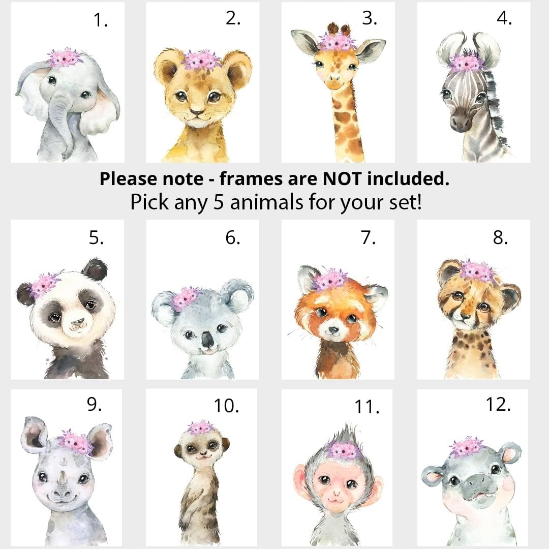 Personalized Safari Animals for Baby Girls Nursery, Set of 6 Unframed Poster Prints, Personalized Name Pink Lilac Floral, Girls Bedroom Decor, Elephant Giraffe (11x14)
