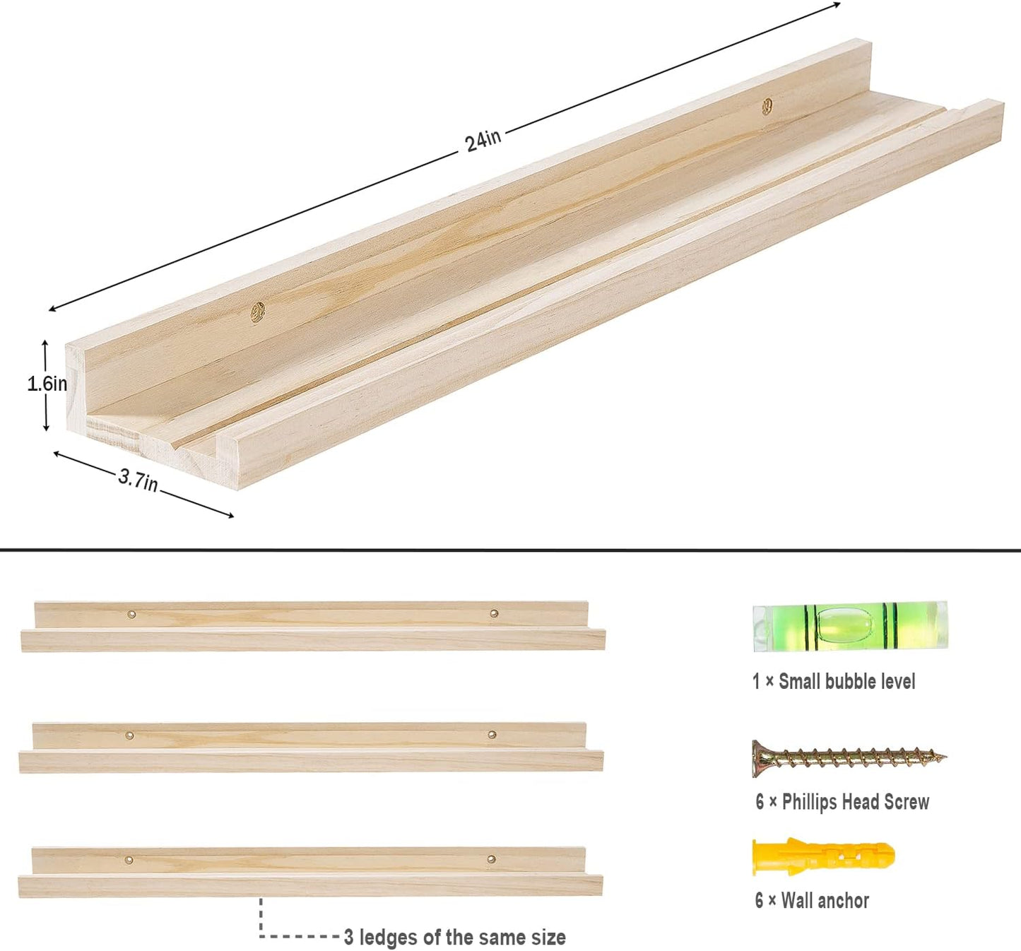 AZSKY Natural Wood Wall Mounted Shelves 24 Inch Floating Wall Book Shelf Floating Ledge Storage Rustic Shelves Photo Picture Ledge for Home Decor a Set of 3