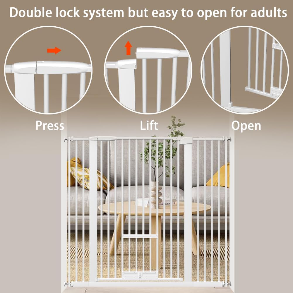 40.55" Tall 1.37" Ultra Narrow Spacing 73.43"-81.30" Extra Wide Dogs Pets Baby Gate with Cat Door for Doorway Safety Proof Indoor Puppy Pressure Mounted No Drill White Black Metal Hallway