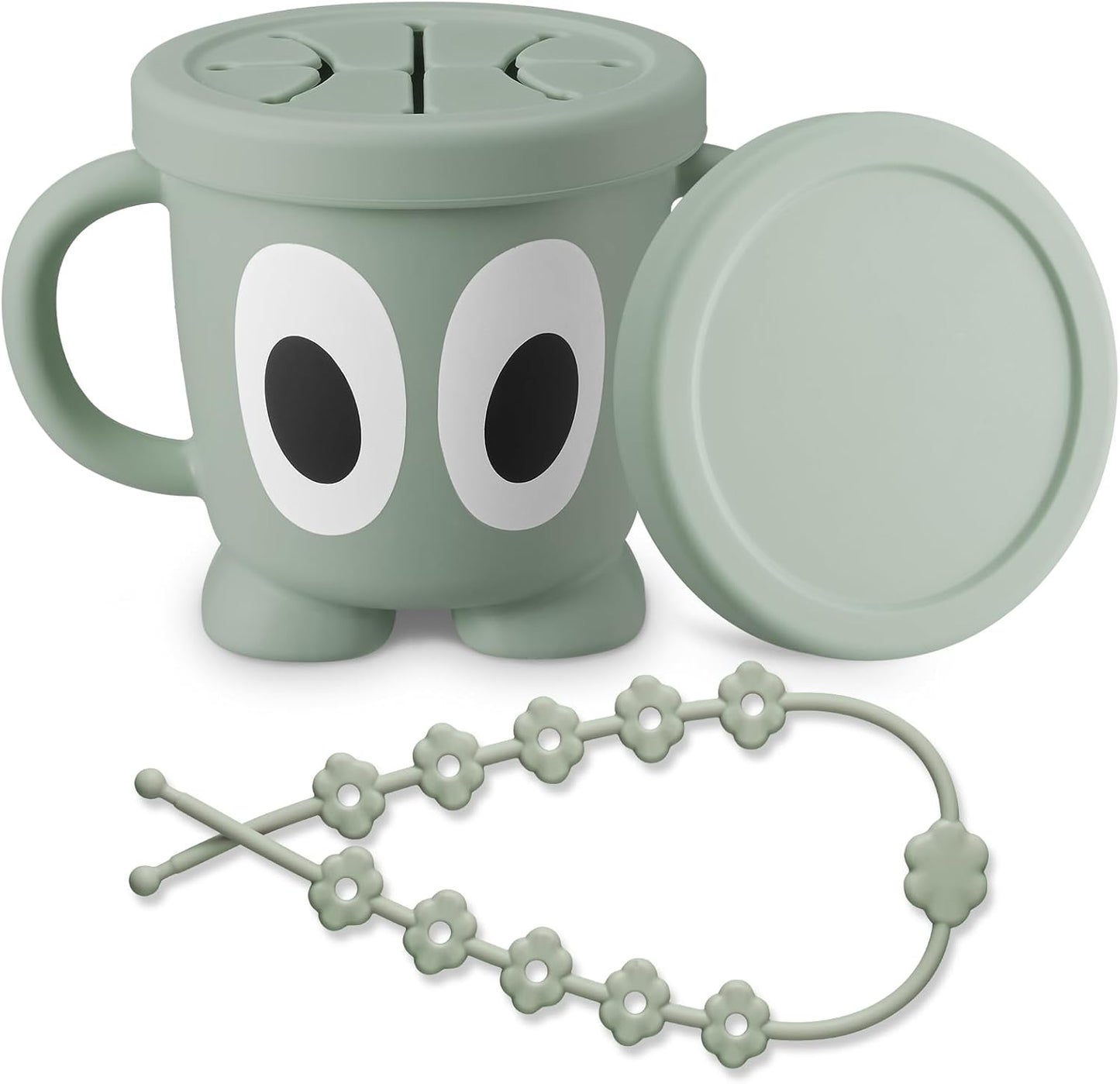 Silicone Snack Cup Food Container for Toddlers and Babies, Spill Proof Training Cup with Snack Cup Lid & Dust Proof Lid, Comes with a toy strap, Without BPA, Lead, or Phthalates (Sage)