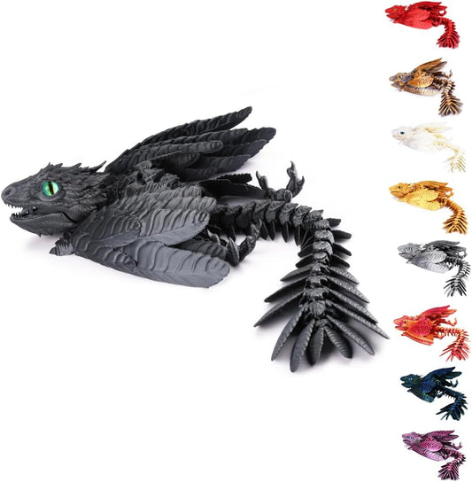 3D Printed Dragon with Wings 3D Printed Animals Articulated Dragon Fidget Dragon 3D Printed Toys Dragon Toy Desk Pets Home Office Decor (Black)