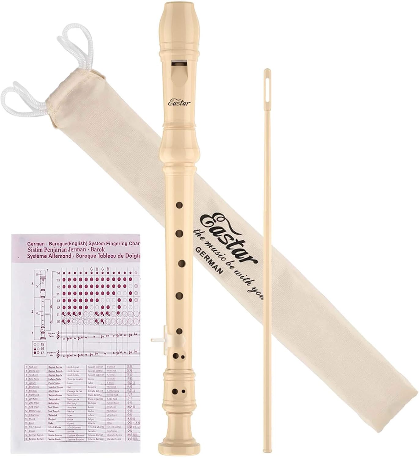 Eastar Soprano Recorder Instrument for Kids Beginners, German Fingering C Key with Cleaning Kit, Thumb Rest, Cotton Bag, Fingering Chart, ERS-21GN, Natural, School-Approved