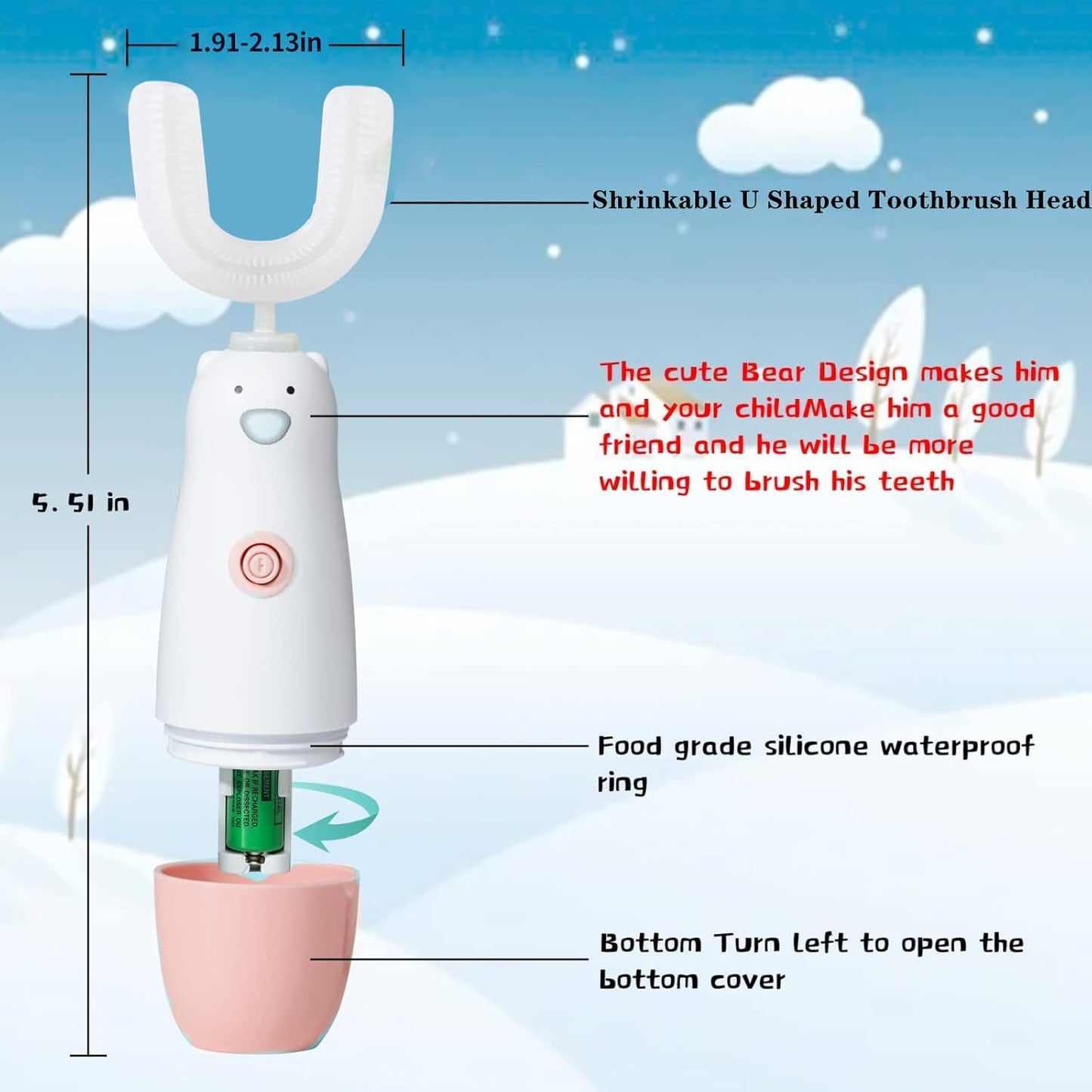 Kids Electric Toothbrush，U Shaped Toothbrush Waterproof Battery Powered 360 Automatic Sonic Toddler Toothbrushes for 8-13 Years Old for Boys Girls,with 2 Replacement Brush Heads（Pink）