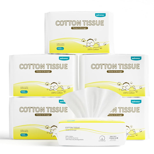 Winner 100% Cotton Dry Wipes, USDA Certified Baby Wipes, 600 Count, Soft & Gentle, Hypoallergenic & Unscented for Baby Sensitive Skin, Use Wet/Dry for Diaper Changes, Meals & Cleanup, Pack of 6