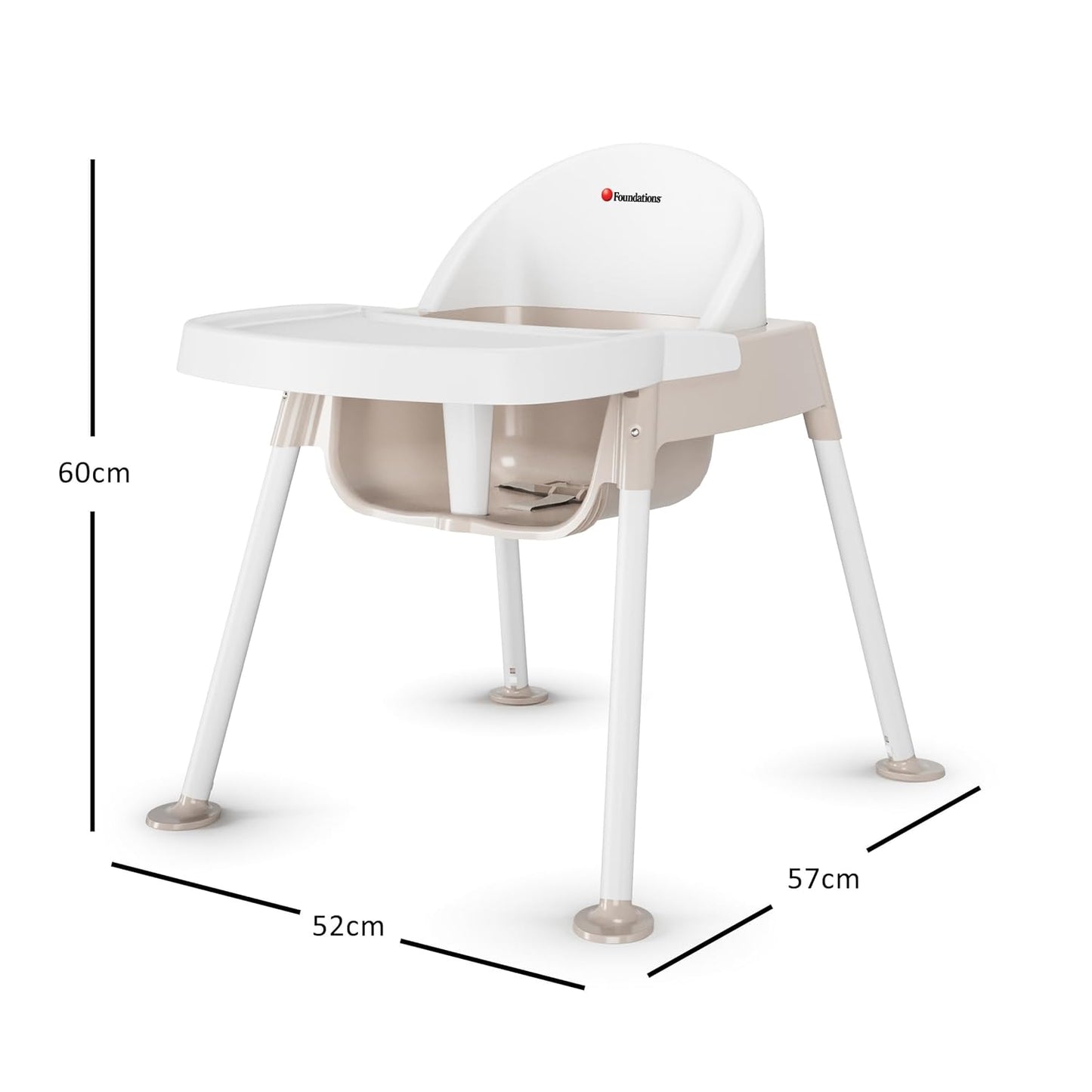 Foundations Secure Sitter 11" Feeding Chair, Stable “No Tip” Feet, 3-Point Adjustable Harness, Removable Tray, Easy to Clean, Smooth Plastic (White/Tan)