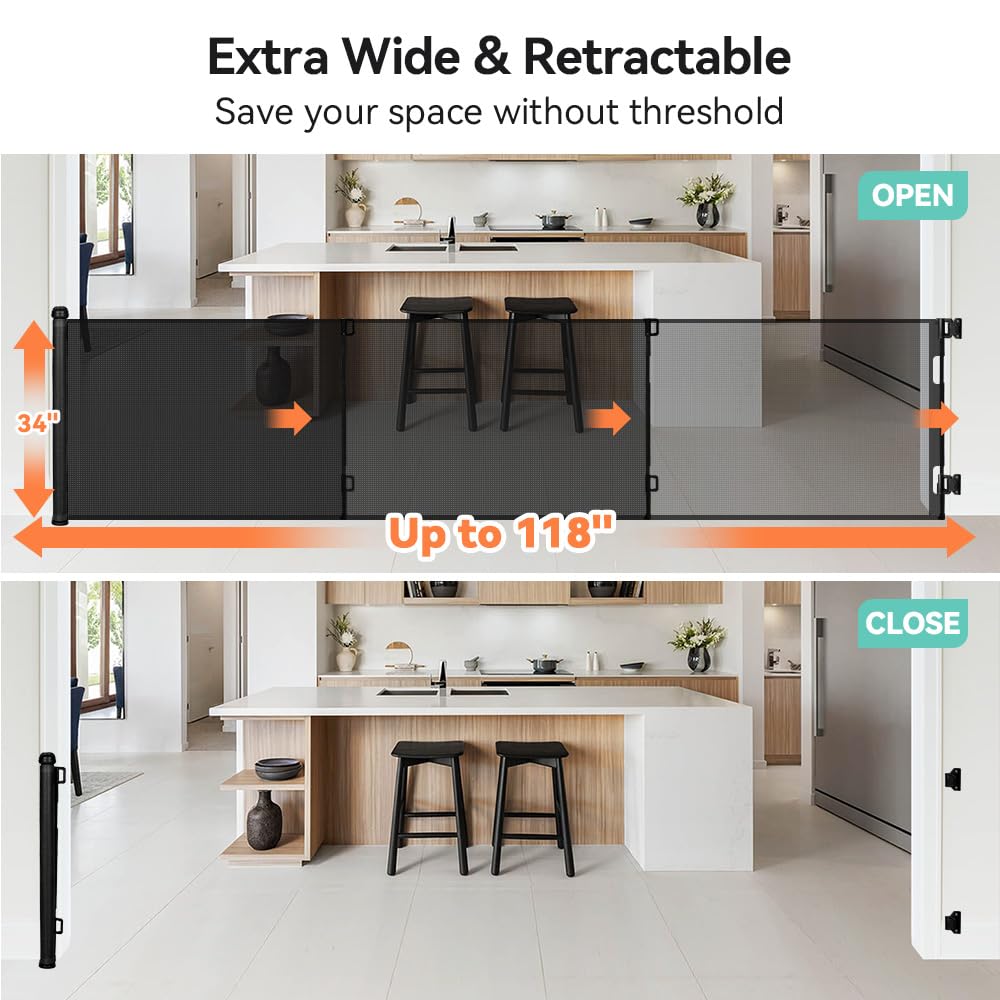 COMOMY 118" Retractable Baby Gates Extra Wide, Retractable Dog Gate for Large Openings, Extra Long Dog Gates for The House, Extra Large Mesh Pet Gate for Stairs, Doorways, Hallways, Indoor&Outdoor