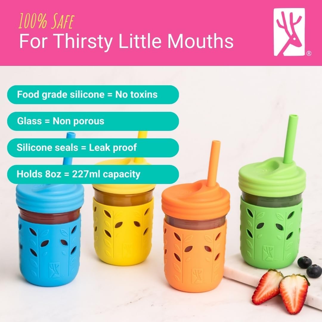 Elk and Friends Kids & Toddler Cups | The Original Glass Mason jars 8 oz with Silicone Straws with Stoppers | Smoothie Cups | Spill Proof Sippy Cups for Toddlers | 4 Pack