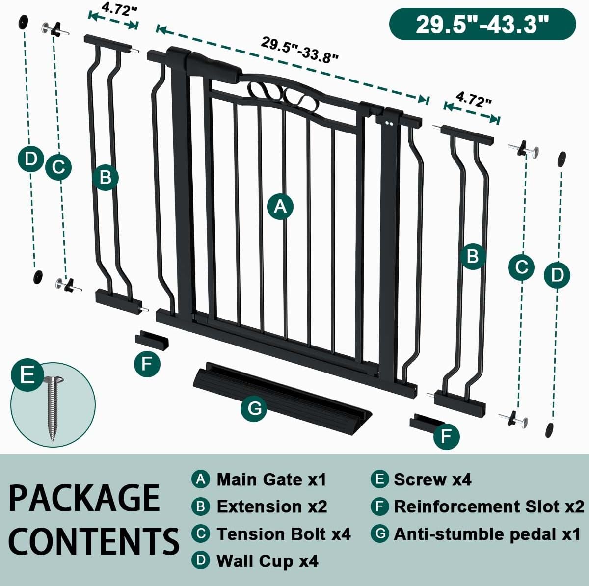 Fairy Baby 29.5"-43.7" Extra Wide Baby Gate for Dog, Pressure Mounted Pet Gate for Stairs & Doorway, Dog Barrier for Home Indoor, Kids Puppy Cat Gate, Metal Child Safety Proof Garden Gate, Black