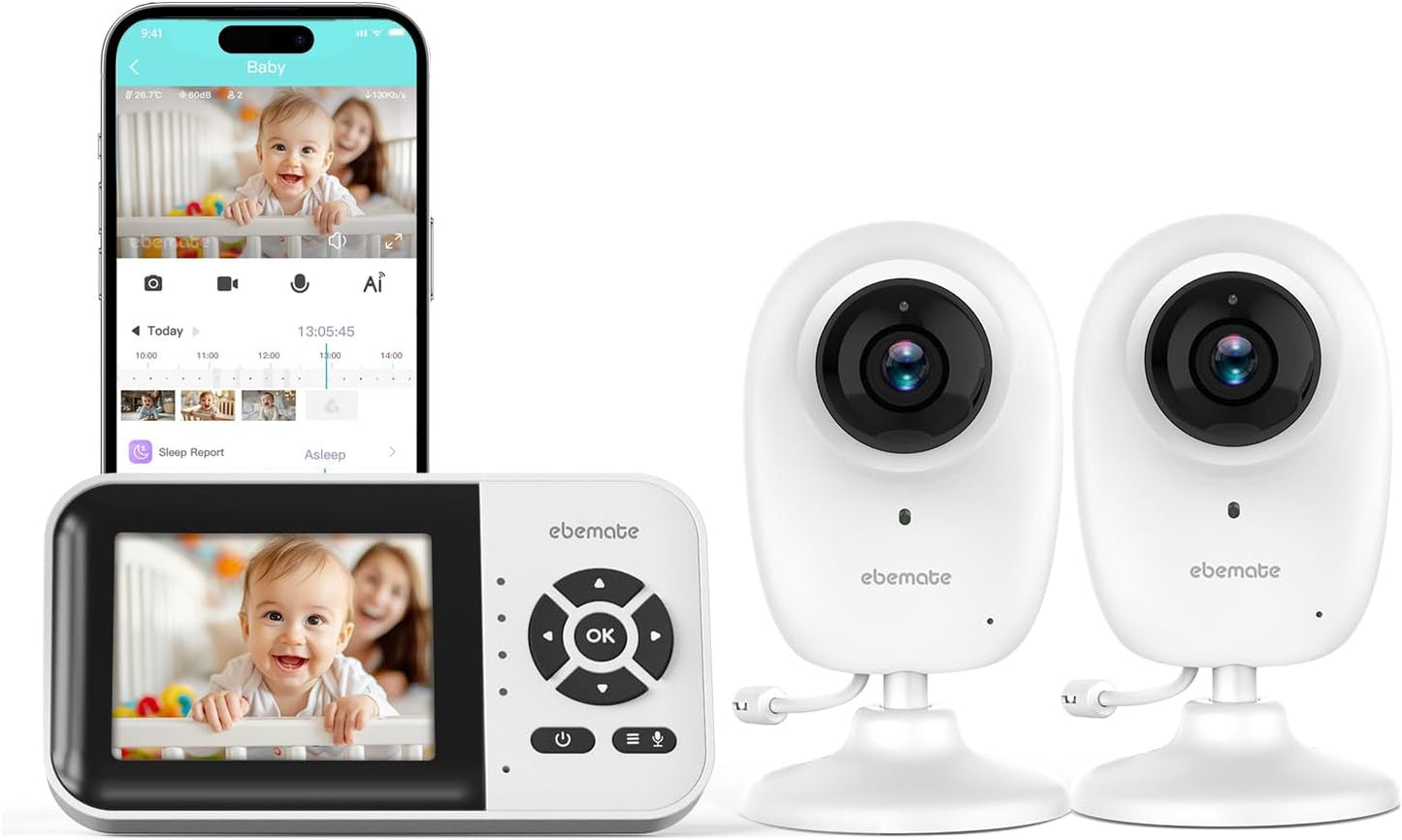 ebemate WiFi Video Baby Monitor with 2 Camera,2.8" Display with 1500Ft Long Range,WiFi On/Off,1080P No Glow Night Vision,2-Way Talk Baby Cam Monitoring EBS28-2