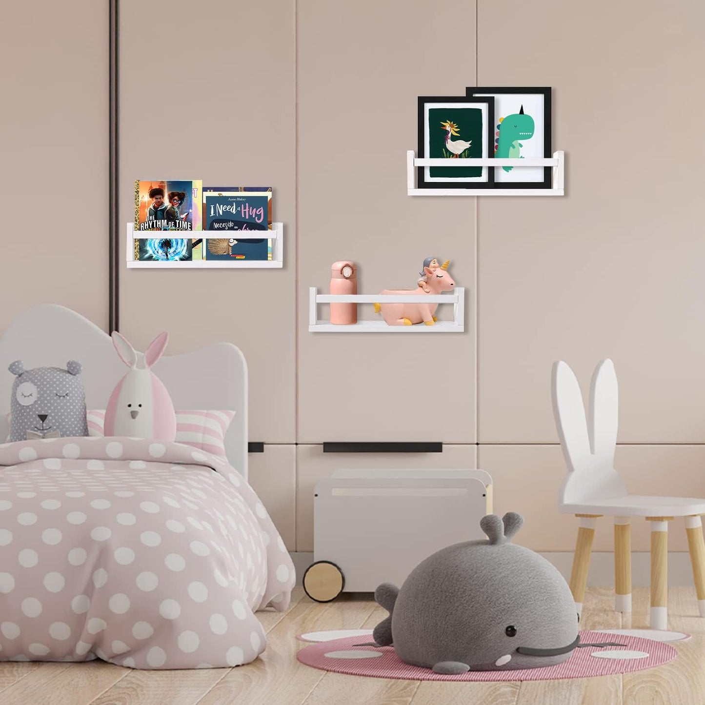 Nursery Floating Shelves for Kids Room, Set of 3 Wall Book Shelves for Kitchen Living Room, Book Shelf Wall Mounted for Baby Kids Bedoom Bathroom (White, 16inch Set 3)