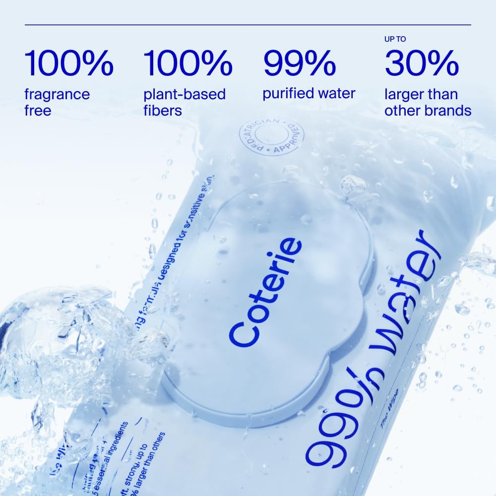 Coterie Baby Wipes + Diapers Kit, Size 1 Diapers (198 Count) & 12 Pack (672 Count) Baby Wipes with 99% Water, Plant Based Materials, Hypoallergenic for Sensitive Skin