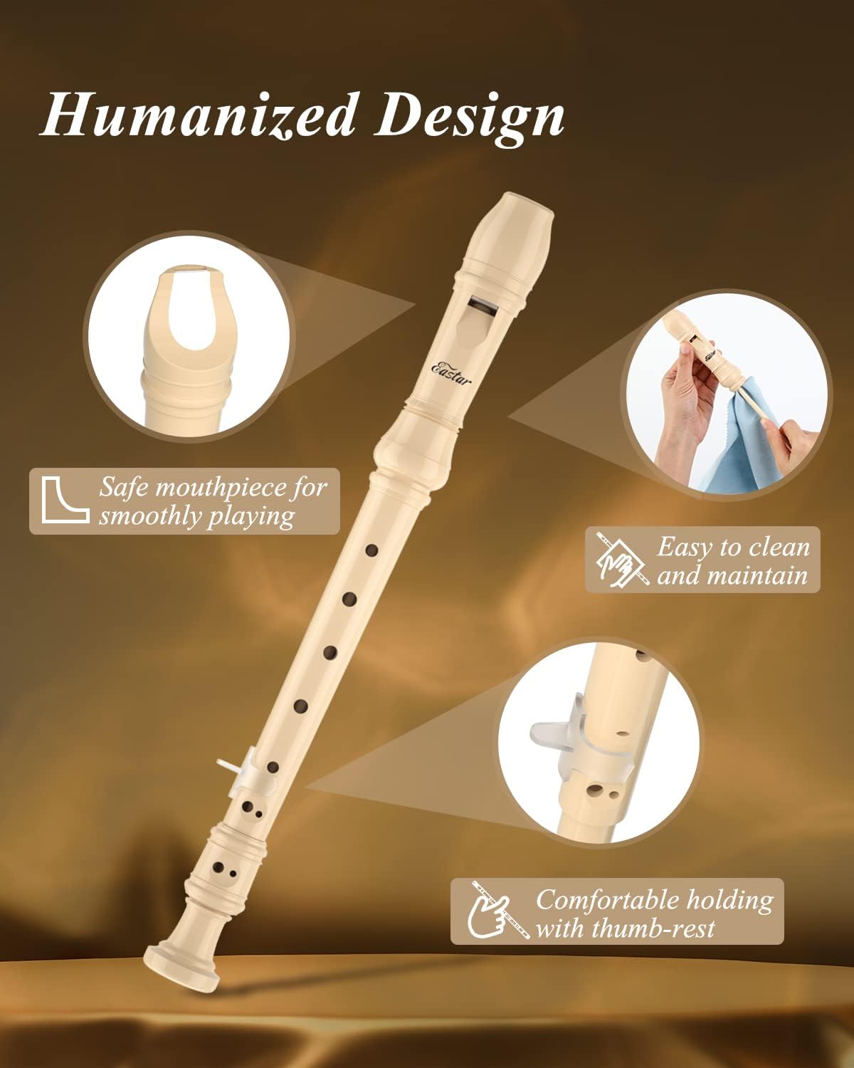 Eastar Soprano Recorder Instrument for Kids Beginners, German Fingering C Key with Cleaning Kit, Thumb Rest, Cotton Bag, Fingering Chart, ERS-21GN, Natural, School-Approved